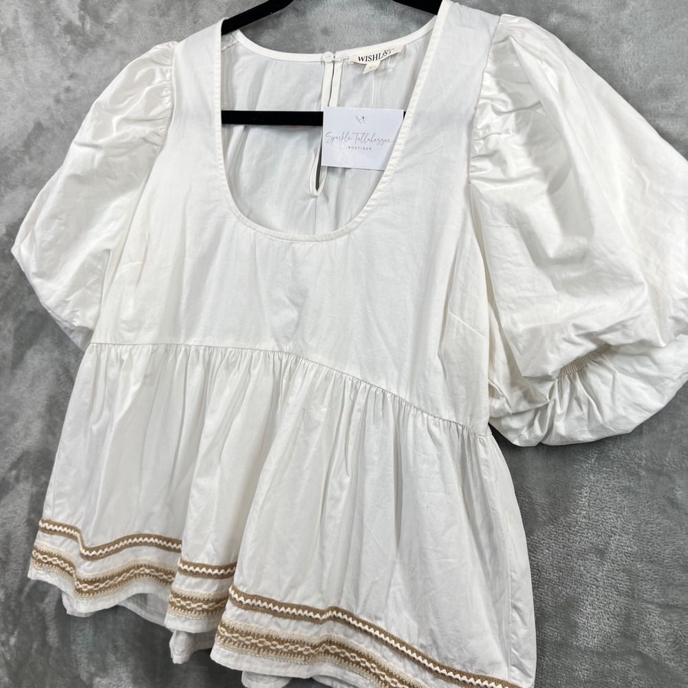 NEW Wishlist Arabella Babydoll Top Large White Boho Puff Sleeve Embroidered Hem